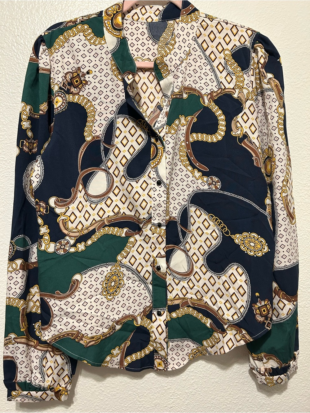 SHEIN Navy, Green & Cream Chain-Print Button Down Top